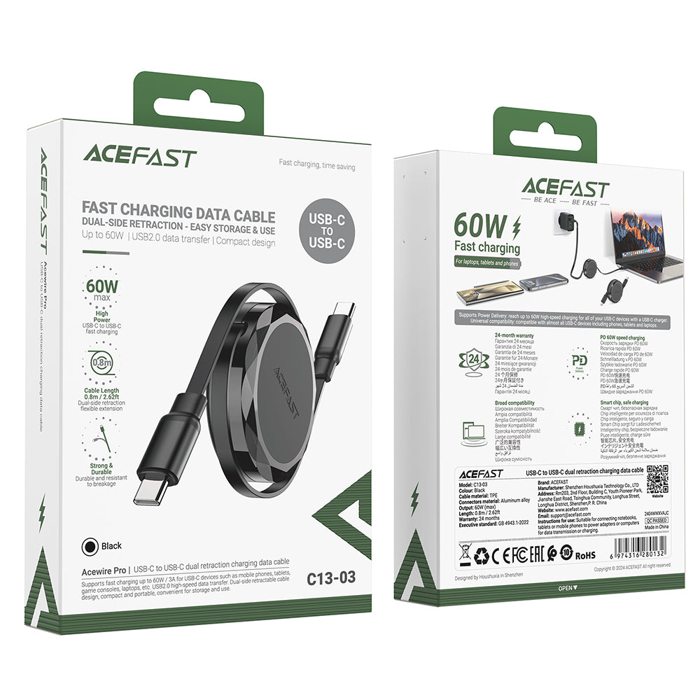 Câble de Données et de Charge USB-C - USB-C Acefast C13-03, 60W, 0.8m, Noir