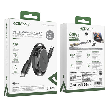 Câble de Données et de Charge USB-C - USB-C Acefast C13-03, 60W, 0.8m, Noir