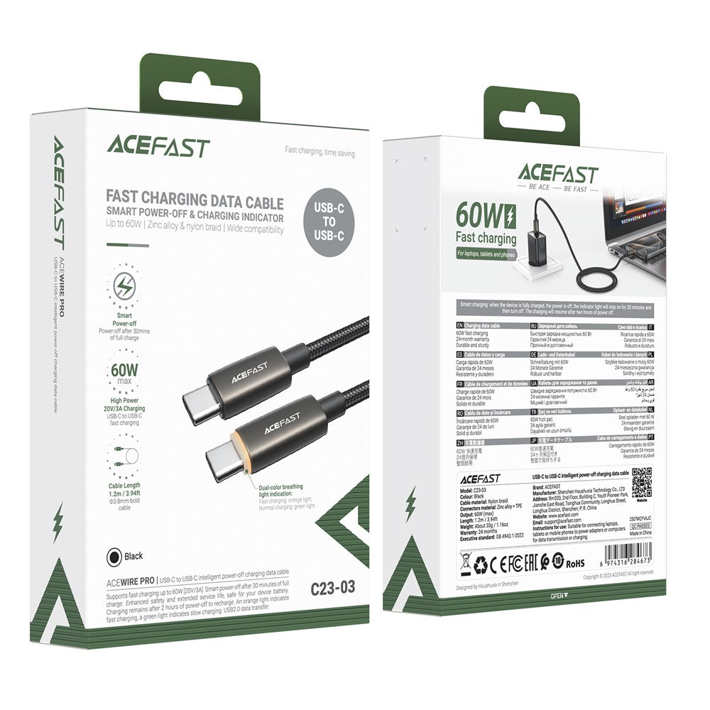 Daten- und Ladekabel USB-C - USB-C Acefast C23-03, 60W, 1,2m, Schwarz