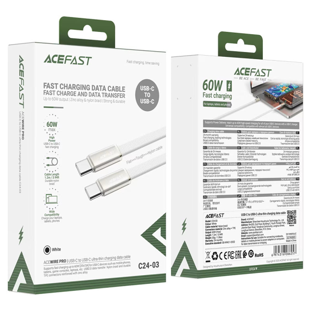 Daten- und Ladekabel USB-C - USB-C Acefast C24-03, 60W, 1,2m, Weiß
