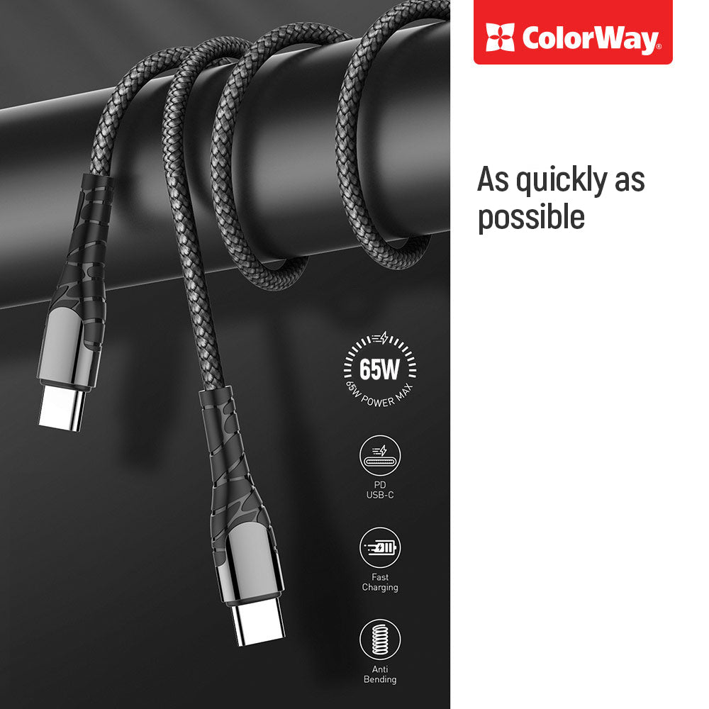 Cavo Dati e Ricarica USB-C - USB-C ColorWay CW-CBPDCC040, 65W, 1m, Grigio