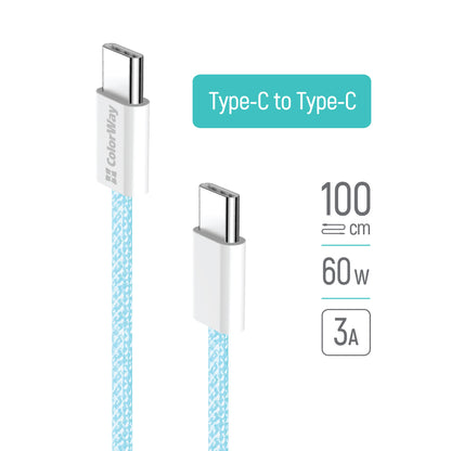 Câble de Données et de Charge USB-C - USB-C ColorWay CW-CBPDCC061, 60W, 1m, Bleu