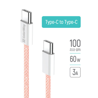 Câble de Données et de Charge USB-C - USB-C ColorWay CW-CBPDCC061, 60W, 1m, Rose