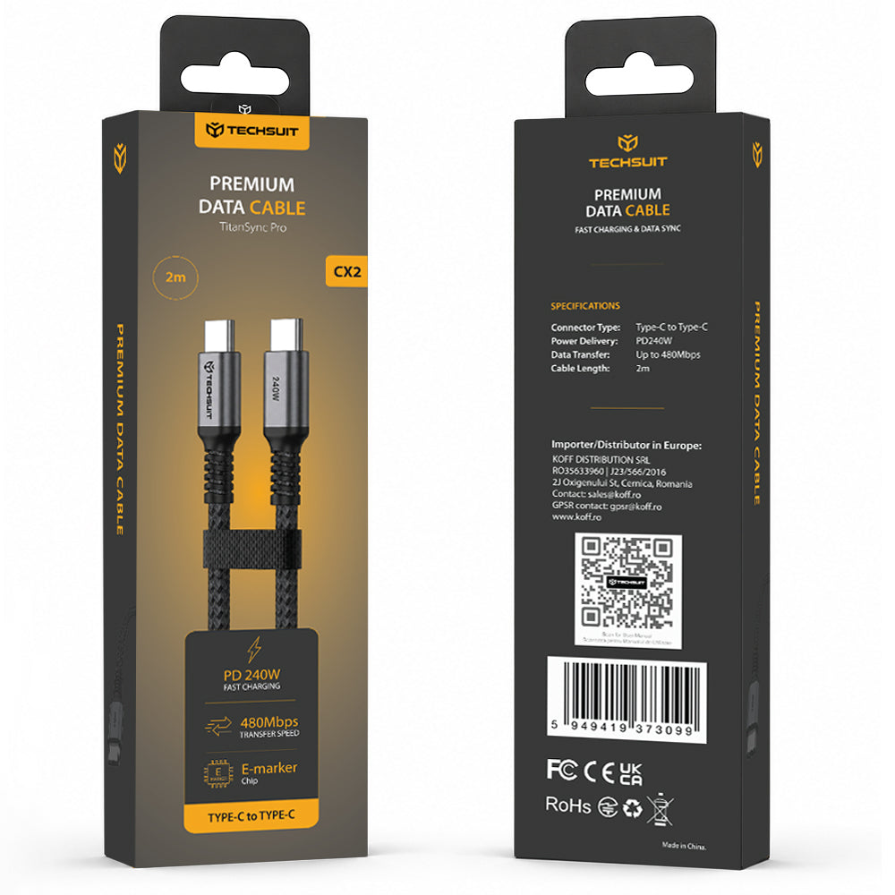 USB-C Daten- und Ladekabel - USB-C Techsuit TitanSync Pro CX2, 240W, 2m, Grau