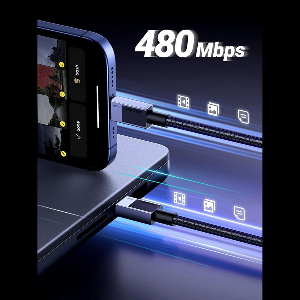 Câble de Données et de Charge USB-C - USB-C UGREEN L512, 100W, 1m, Gris