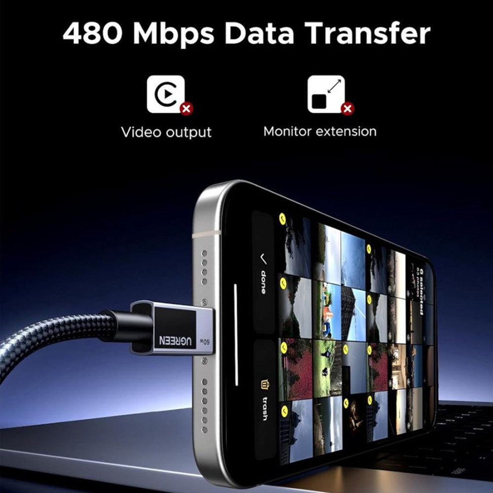 Câble de Données et de Charge USB-C - USB-C UGREEN L524, 60W, 1m, Gris