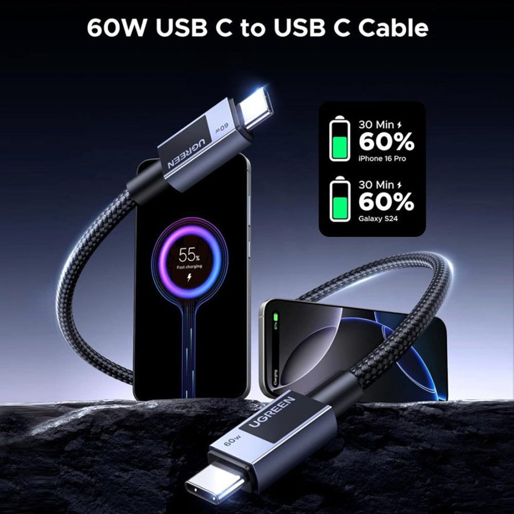 Câble de Données et de Charge USB-C - USB-C UGREEN L524, 60W, 1m, Gris