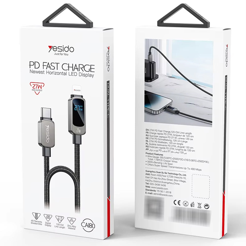 Cavo Dati e Ricarica USB-C - USB-C Yesido CA180 Display, 27W, 1.2m, Nero