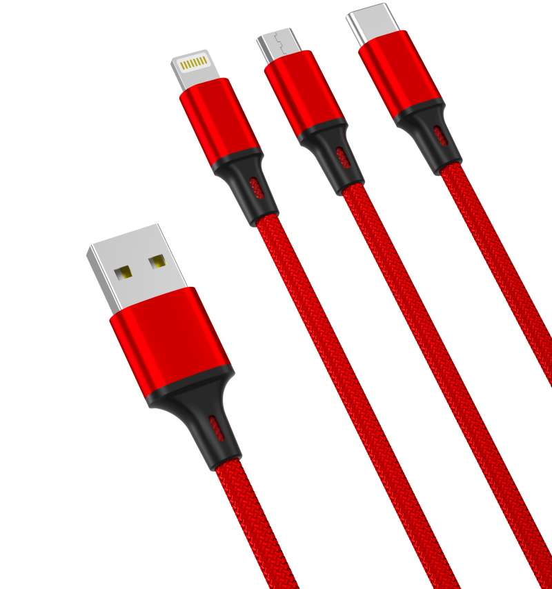 Câble de charge USB-A - Lightning / microUSB / USB-C XO Design NB173 3en1, 18W, 1.2m, Rouge