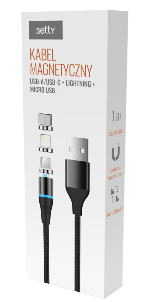Câble de Chargement USB-A - Lightning / microUSB / USB-C Setty Magnetic DT 3in1, 12.5W, 1m, Noir