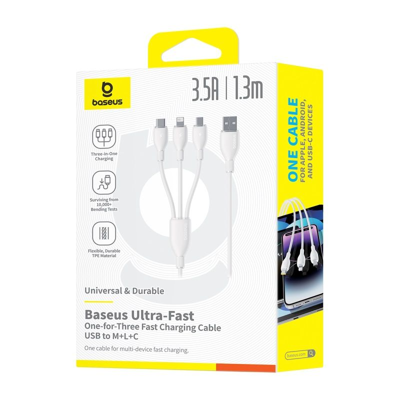 Câble de charge USB-A - Lightning / microUSB / USB-C Baseus Ultra Fast 3en1, 18W, 1,3m, Blanc P10376303211-00