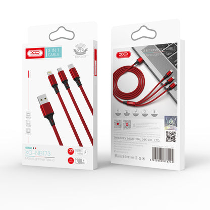 Câble de charge USB-A - Lightning / microUSB / USB-C XO Design NB173 3en1, 18W, 1.2m, Rouge