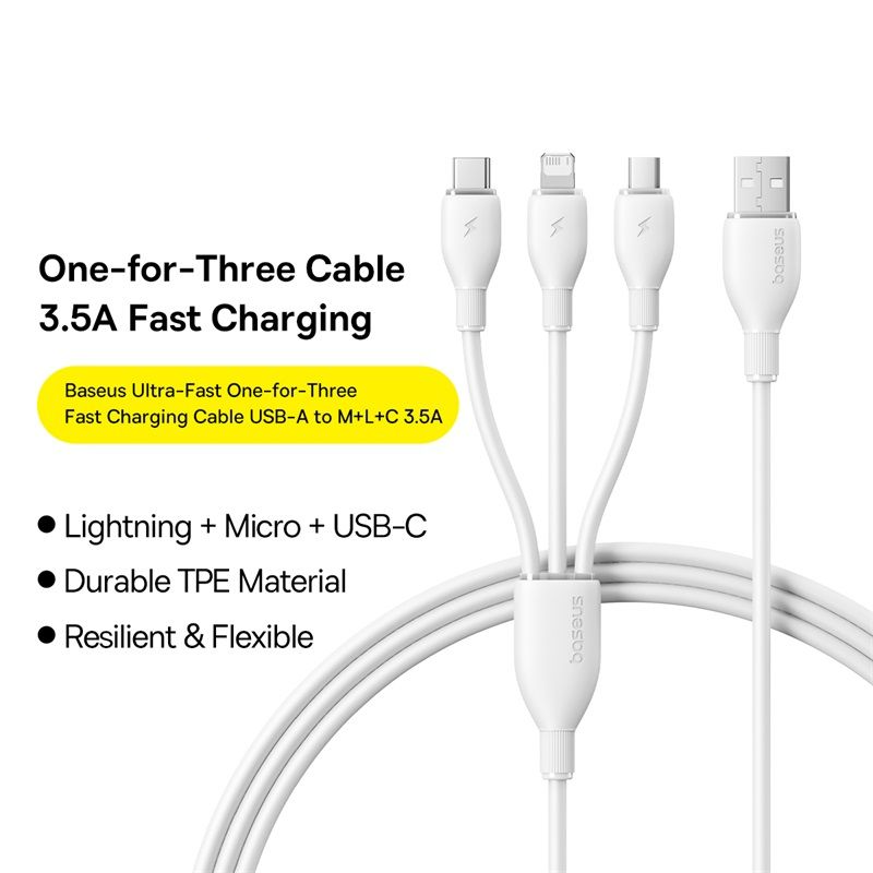 Câble de charge USB-A - Lightning / microUSB / USB-C Baseus Ultra Fast 3en1, 18W, 1,3m, Blanc P10376303211-00