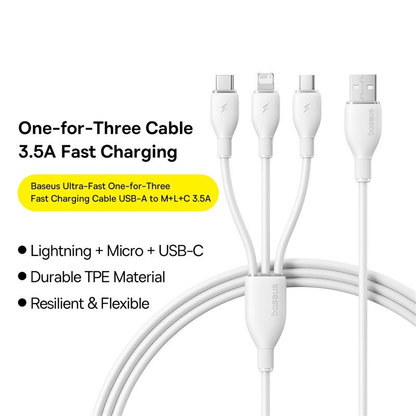 Câble de charge USB-A - Lightning / microUSB / USB-C Baseus Ultra Fast 3en1, 18W, 1,3m, Blanc P10376303211-00