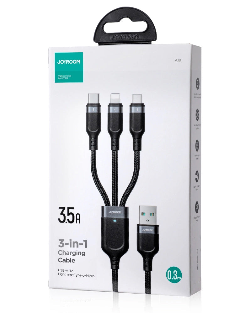 USB-A Charging Cable - Lightning / microUSB / USB-C Joyroom S-A18 3in1, 20W, 0.3m, Black