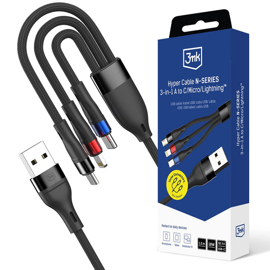 Cavo di Ricarica USB-A - Lightning / microUSB / USB-C 3MK Hyper N, 18W, 1.2m, Nero