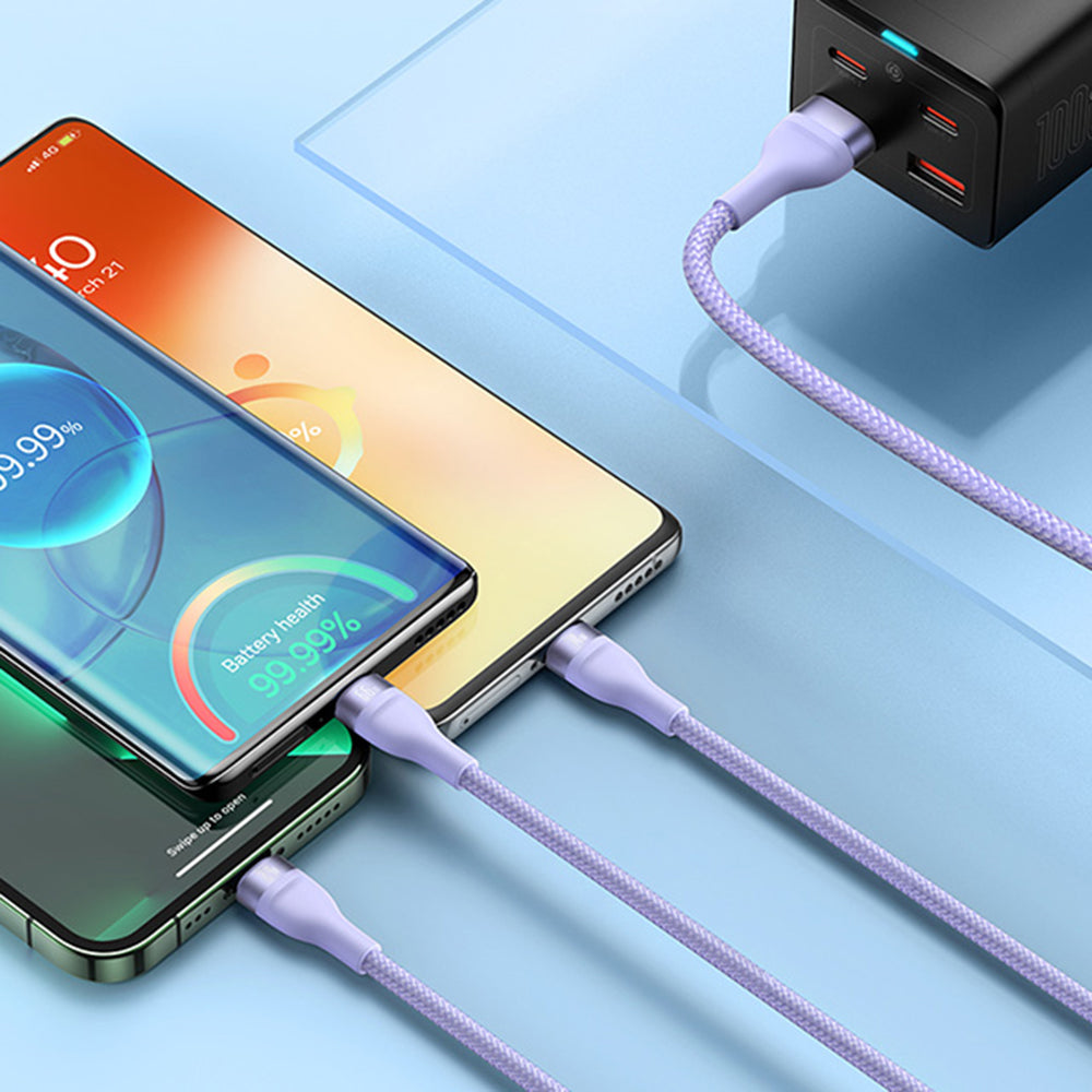 USB-A Charging Cable - Lightning / microUSB / USB-C Baseus Flash Series II 3in1, 66W, 1.2m, Purple CASS040005