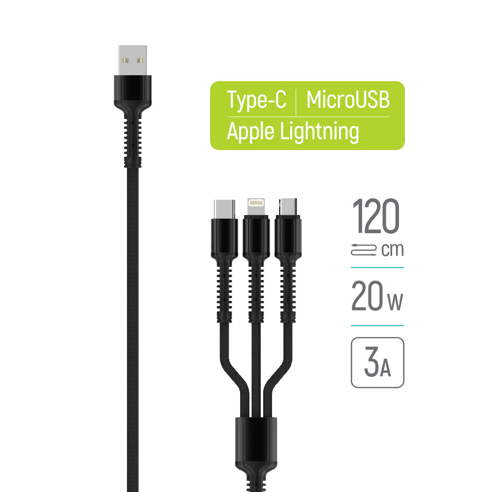 USB-A Ladekabel - Lightning / microUSB / USB-C ColorWay CW-CBU3003, 20W, 1.2m, Grau