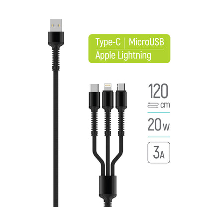 USB-A Ladekabel - Lightning / microUSB / USB-C ColorWay CW-CBU3003, 20W, 1.2m, Grau