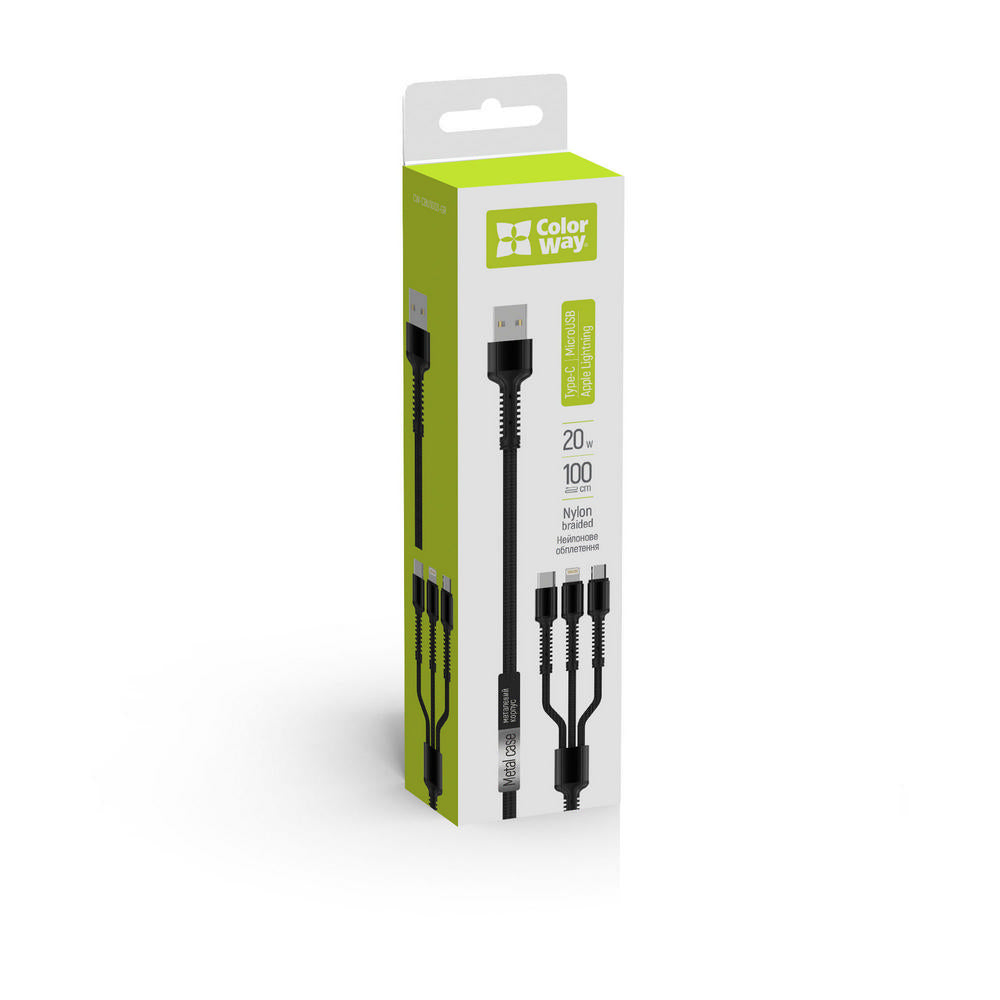 USB-A Ladekabel - Lightning / microUSB / USB-C ColorWay CW-CBU3003, 20W, 1.2m, Grau
