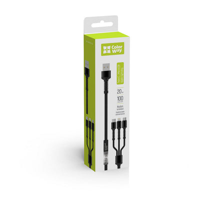 USB-A Ladekabel - Lightning / microUSB / USB-C ColorWay CW-CBU3003, 20W, 1.2m, Grau