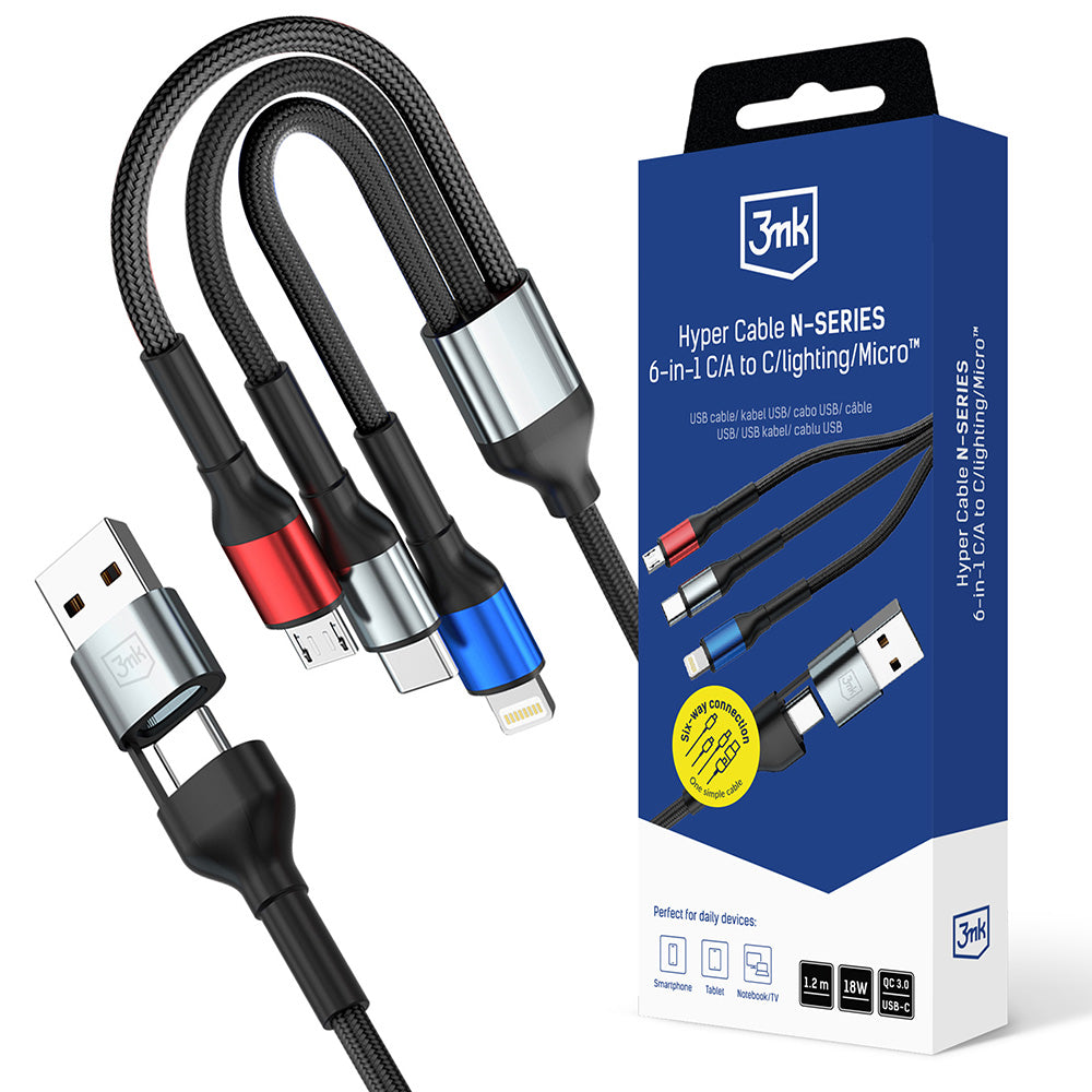 Câble de Chargement USB-A / USB-C - Lightning / microUSB / USB-C 3MK Hyper N, 18W, 1.2m, Noir