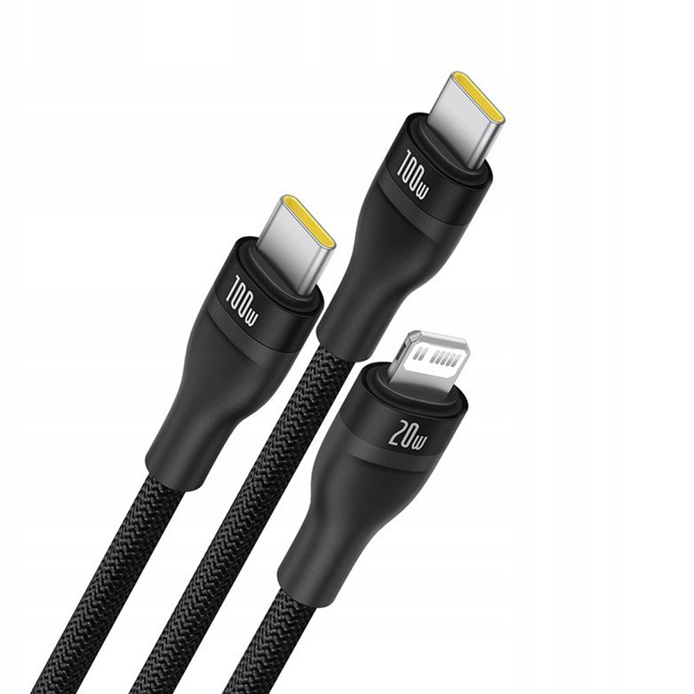 Câble de charge USB-C - Lightning / 2 x USB-C Baseus Flash Series III 3en1, 100W, 1,5m, Noir, Reconditionné P10377502111-00