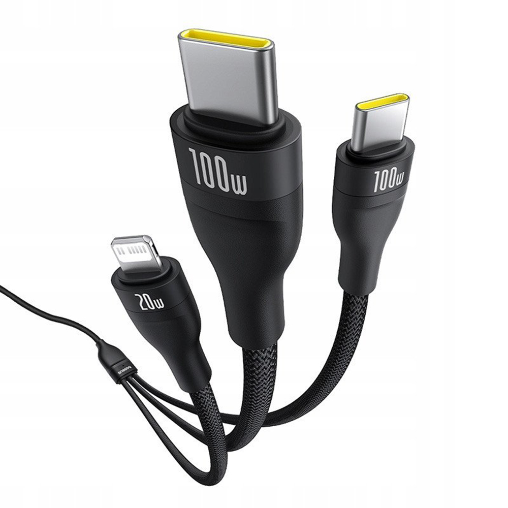 Câble de charge USB-C - Lightning / 2 x USB-C Baseus Flash Series III 3en1, 100W, 1,5m, Noir, Reconditionné P10377502111-00