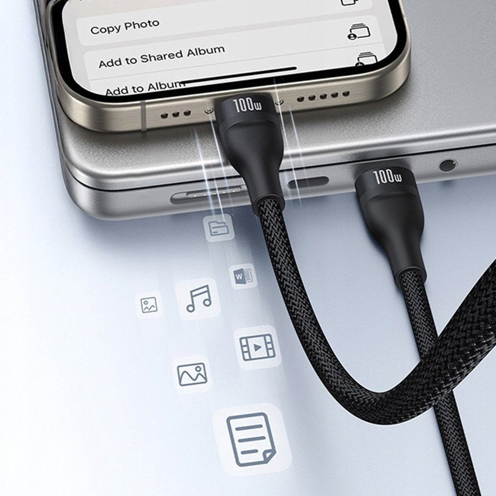 Câble de charge USB-C - Lightning / 2 x USB-C Baseus Flash Series III 3en1, 100W, 1,5m, Noir, Reconditionné P10377502111-00