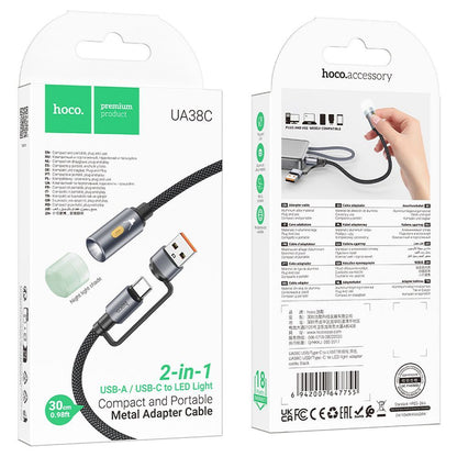 Led-Kabel HOCO UA38C, USB-C / USB-A, 0,3m, Schwarz