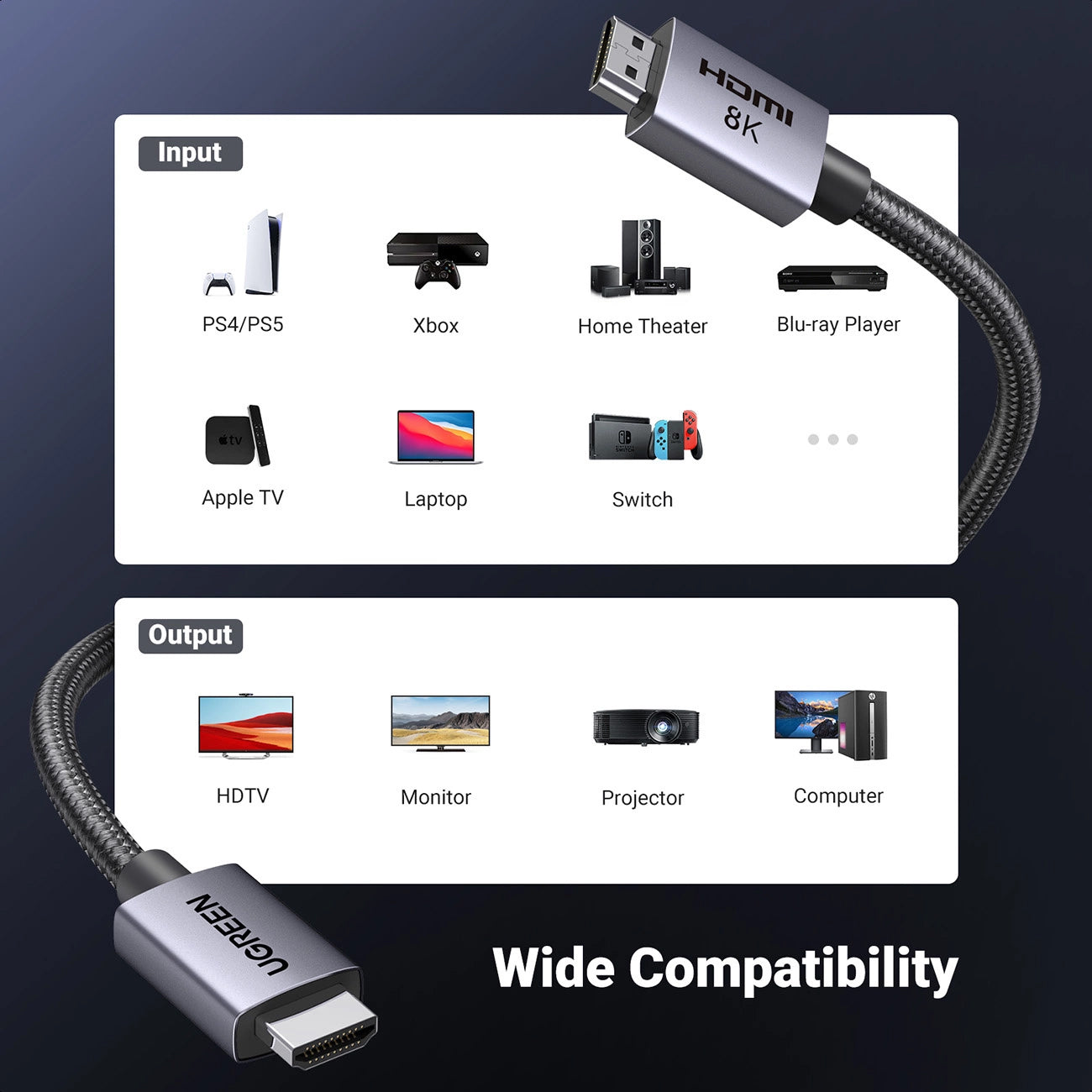 Câble Vidéo UGREEN HD171, HDMI - HDMI, 8K, 2m, Noir