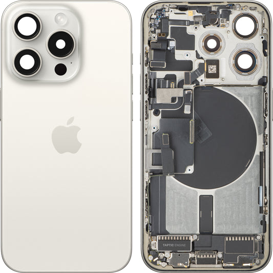 Apple iPhone 15 Pro Akkudeckel, mit Mittelgehäuse, Vollständige Teile, Weiß (White Titanium), Swap