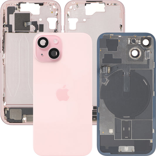 Cover Batteria Apple iPhone 15, Con Scocca Centrale, Parti Complete, Rosa, Swap Premium