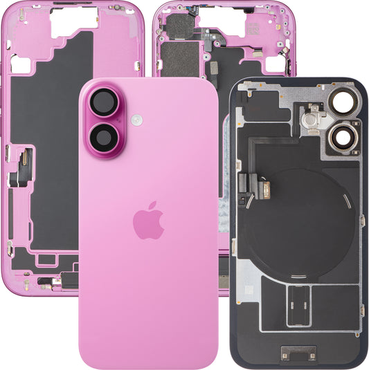 Batteriedeckel Apple iPhone 16, mit Mittelgehäuse, Komplettteile, Rosa, Premium Swap