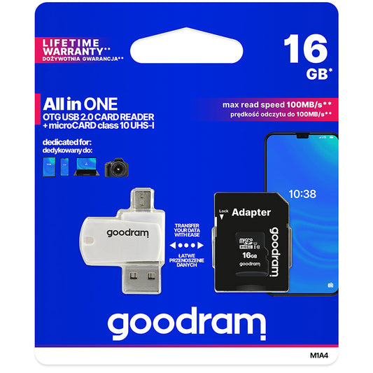 Scheda di memoria microSDHC GoodRam, 16Gb, Classe 10 / UHS-1 U1, con lettore di schede e adattatore M1A4-0160R12