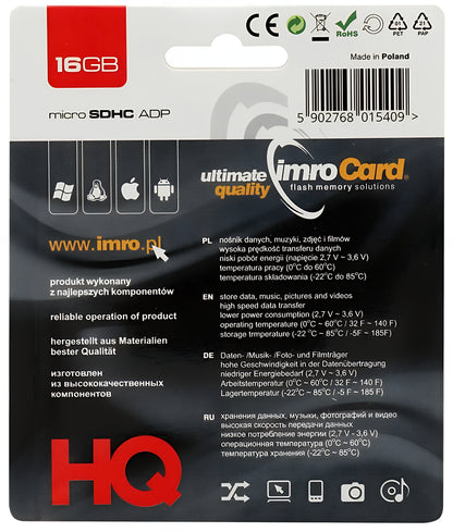 Scheda di Memoria microSDHC Imro, 16Gb, Classe 4, Con Adattatore