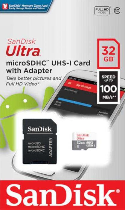 SanDisk Ultra microSDHC Speicherkarte, 32Gb, Klasse 10, mit Adapter SDSQUNR-032G-GN3MA