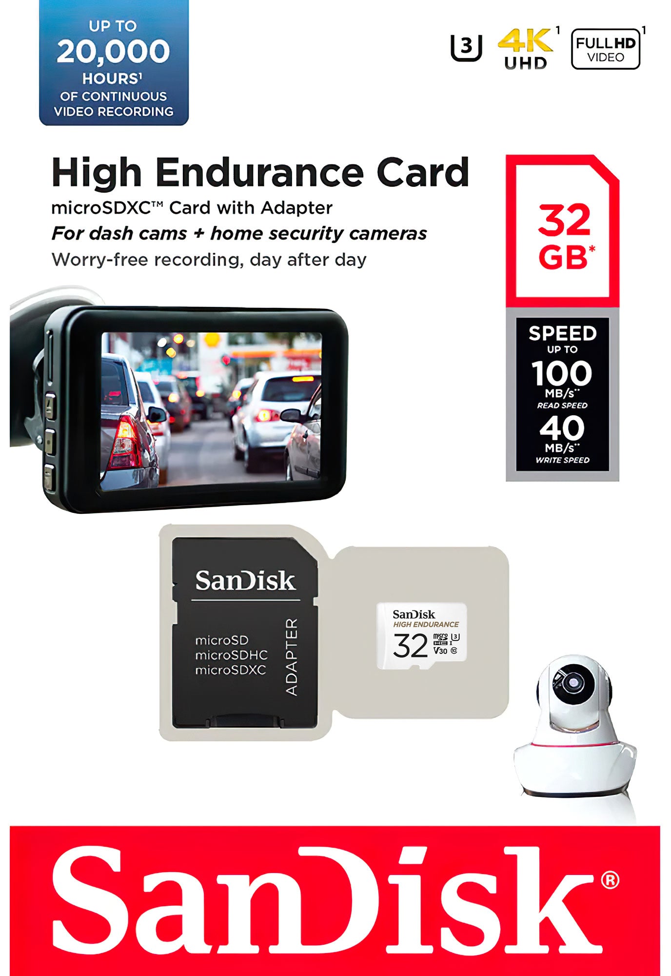 SanDisk High Endurance microSDHC Speicherkarte, 32GB, Klasse 10 / UHS-1 U3, mit Adapter SDSQQNR-032G-GN6IA