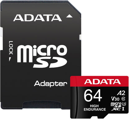 Carte Mémoire microSDXC Adata High Endurance, 64Gb, Classe 10 / UHS-1 U3, Avec Adaptateur AUSDX64GUI3V30SHA2-RA1