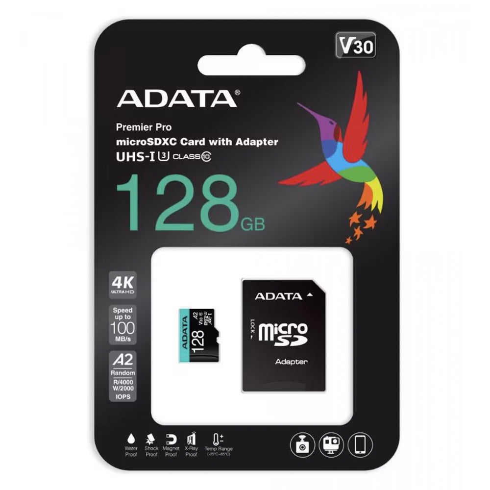Scheda di Memoria microSDXC Adata Premier Pro, 128GB, Classe 10 / UHS-1 U3, Con Adattatore AUSDX128GUI3V30SA2-RA1
