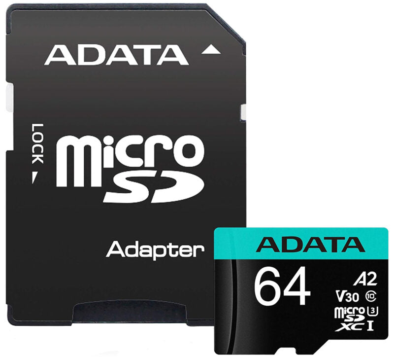 Carte mémoire microSDXC Adata Premier Pro, 64Gb, Classe 10 / UHS-1 U3, Avec Adaptateur AUSDX64GUI3V30SA2-RA1