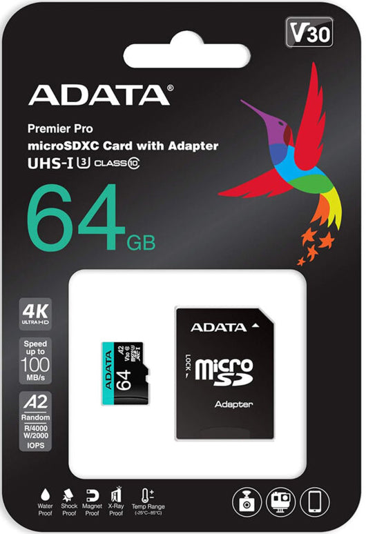 Carte mémoire microSDXC Adata Premier Pro, 64Gb, Classe 10 / UHS-1 U3, Avec Adaptateur AUSDX64GUI3V30SA2-RA1