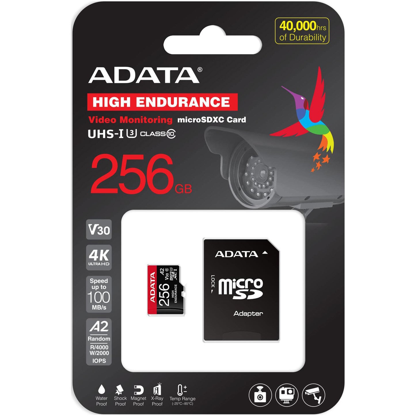 Carte mémoire microSDXC Adata High Endurance, 256Gb, Classe 10 / UHS-1 U3, Avec Adaptateur AUSDX256GUI3V30SHA2-RA1