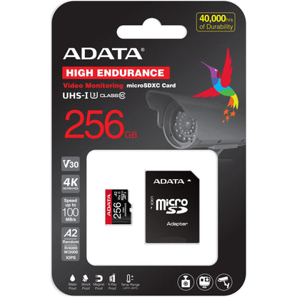 Carte mémoire microSDXC Adata High Endurance, 256Gb, Classe 10 / UHS-1 U3, Avec Adaptateur AUSDX256GUI3V30SHA2-RA1