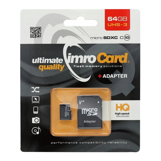 Carte Mémoire microSDXC Imro, 64Gb, Classe 10 / UHS-1 U3, Avec Adaptateur