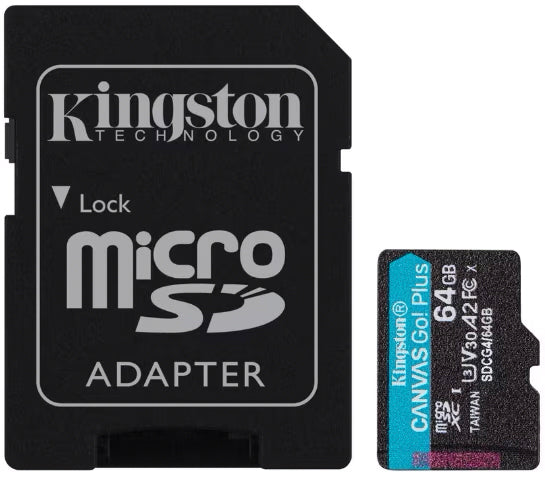 Carte mémoire microSDXC Kingston Canvas Go Plus Android A2, 64Gb, Classe 10 / UHS-1 U3, Avec Adaptateur SDCG4/64GB