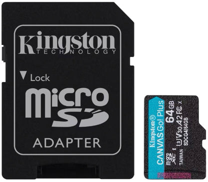 Carte mémoire microSDXC Kingston Canvas Go Plus Android A2, 64Gb, Classe 10 / UHS-1 U3, Avec Adaptateur SDCG4/64GB