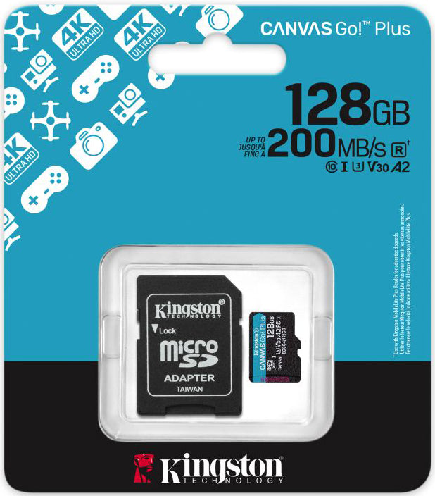 Scheda di Memoria microSDXC Kingston Canvas Go Plus Android A2, 128Gb, Classe 10 / UHS-1 U3, Con Adattatore SDCG4/128GB