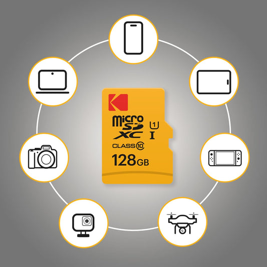 Scheda di Memoria microSDXC Kodak Premium Performance, 128Gb, Classe 10 / UHS-1 U1, Con Adattatore EKMSDM128GXC10K