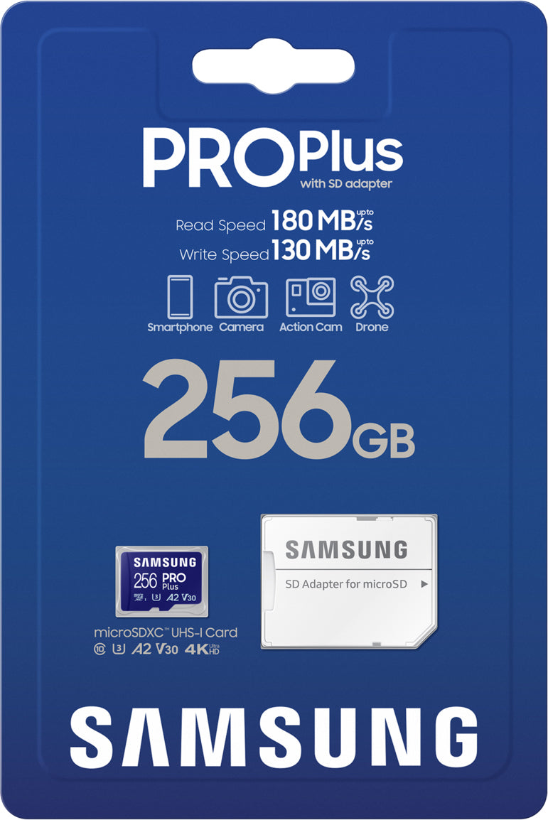 Scheda di memoria microSDXC Samsung PRO Plus, 256Gb, Classe 10 / UHS-1 U3, Con Adattatore MB-MD256SA/EU